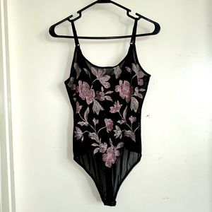 EXPRESS Dainty Cami Floral Bodysuit with adjustable straps and thong-cut w/snaps